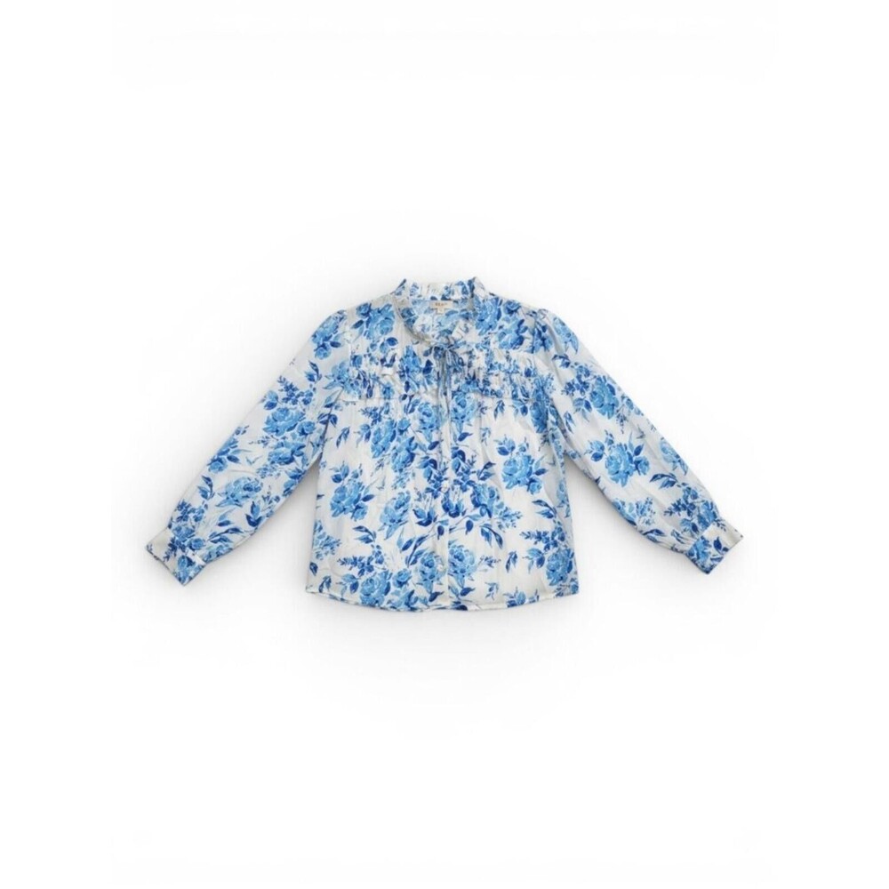 Cupshe Blue Floral Ruffle-Trim Long Sleeve Blouse XL